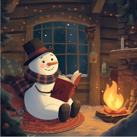 Snowman reading by a fireplace.