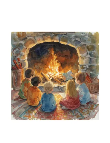Storytime in front of fireplace